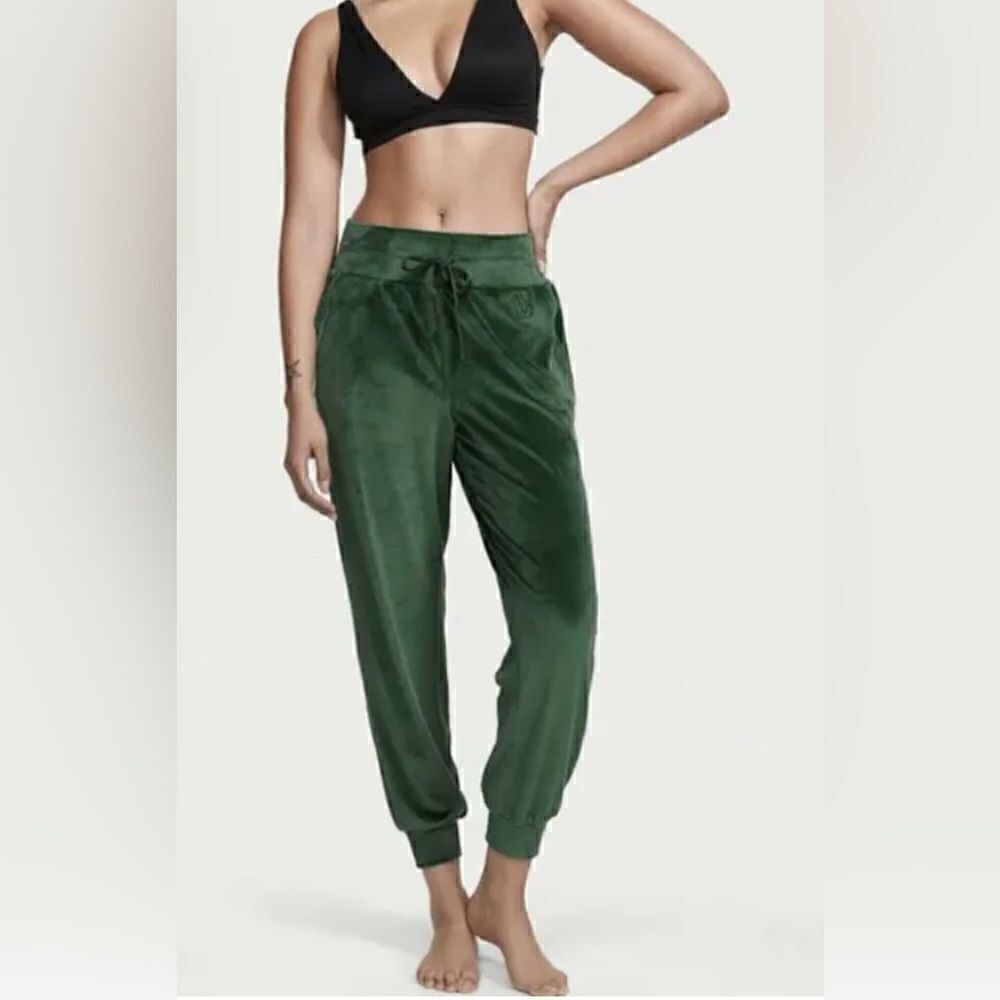 Victorias Secret Pants Green Velour Jogger Elastic Waist Pull on Deep Green XL